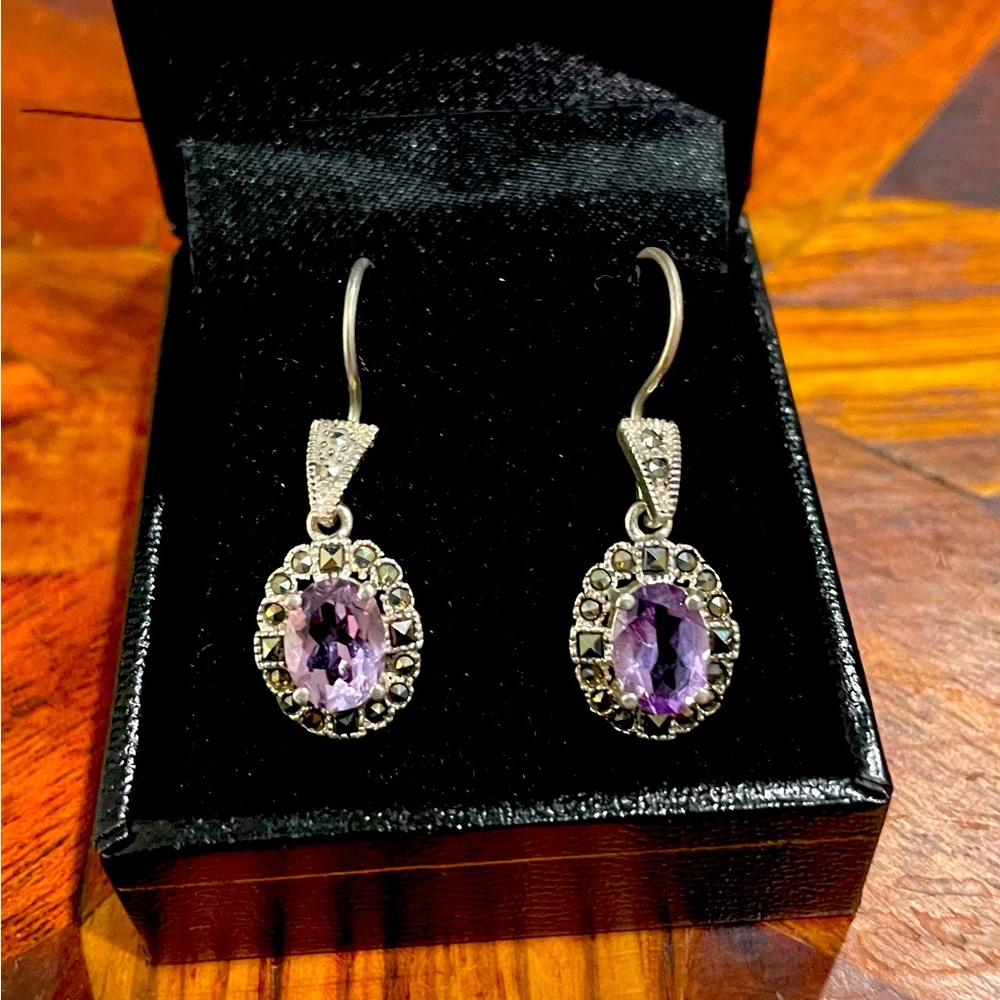 Vintage Sterling Silver Marcasite And Amethyst Pierced Earrings